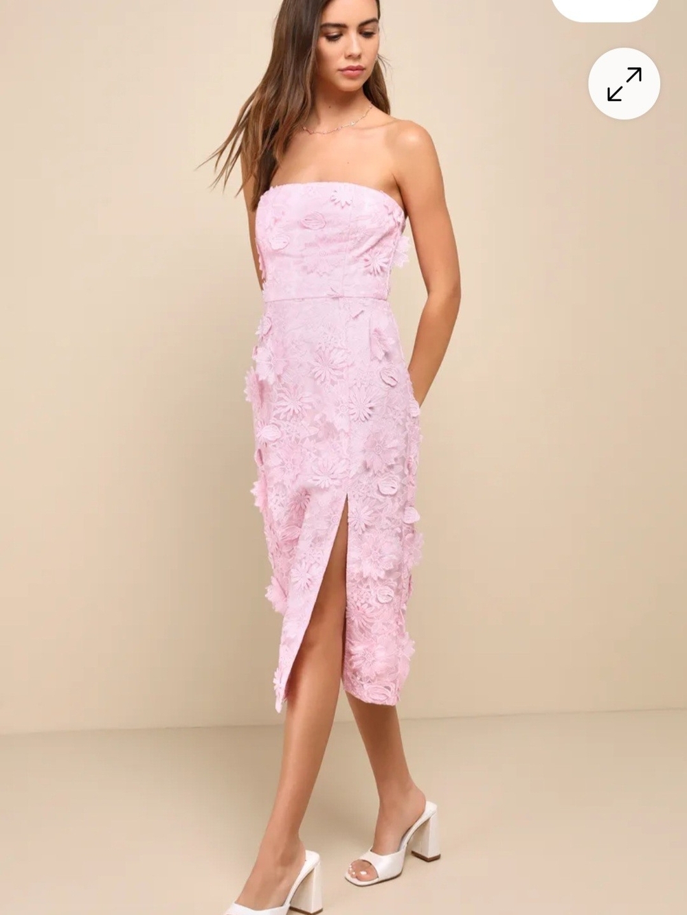 Lulu's Strapless Pink 3D Floral Embroidered Midi Dress, Size Medium - Picture 4 of 9